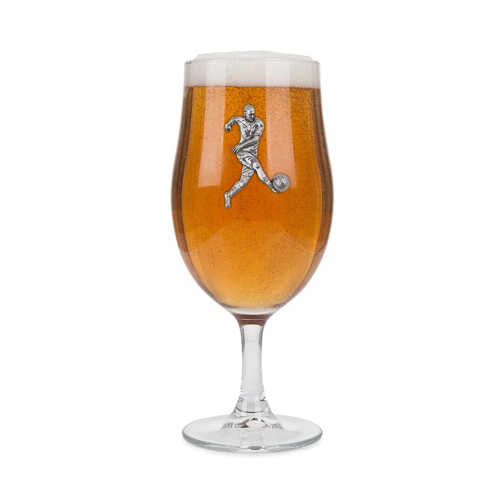 A Stemmed Pint Beer Glass with a Pewter Football Player badge on the front, filled with Beer