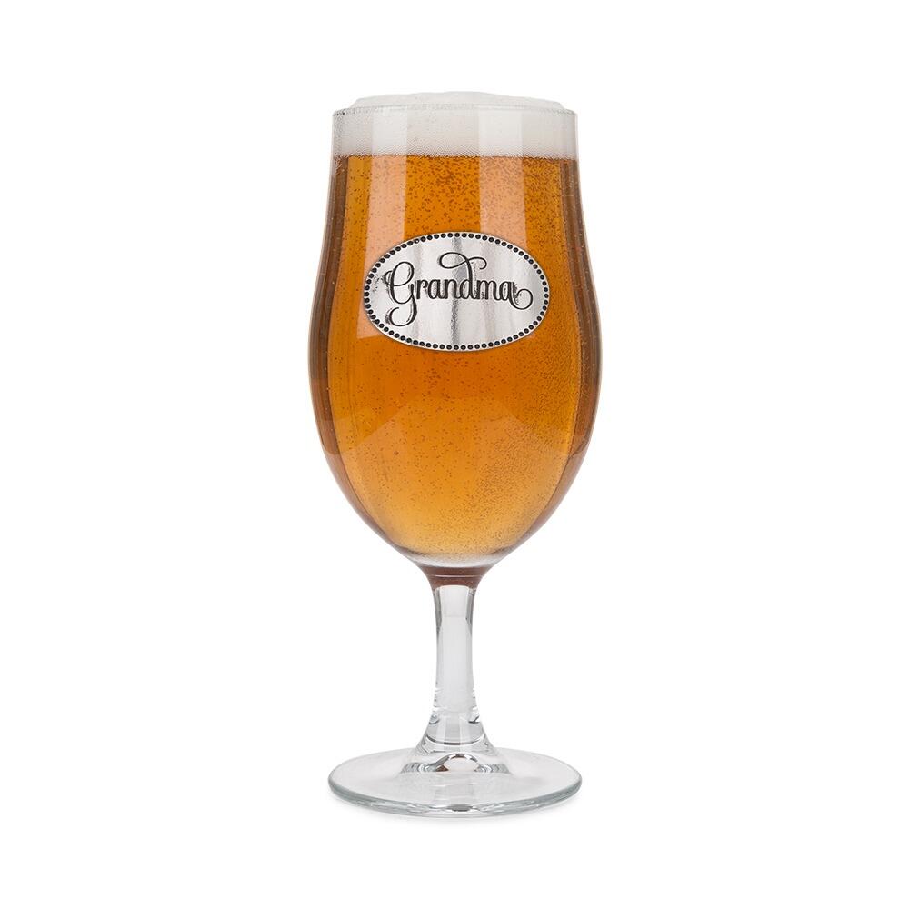 A Stemmed Pint Beer Glass with a Pewter Grandma badge on the front, filled with Beer