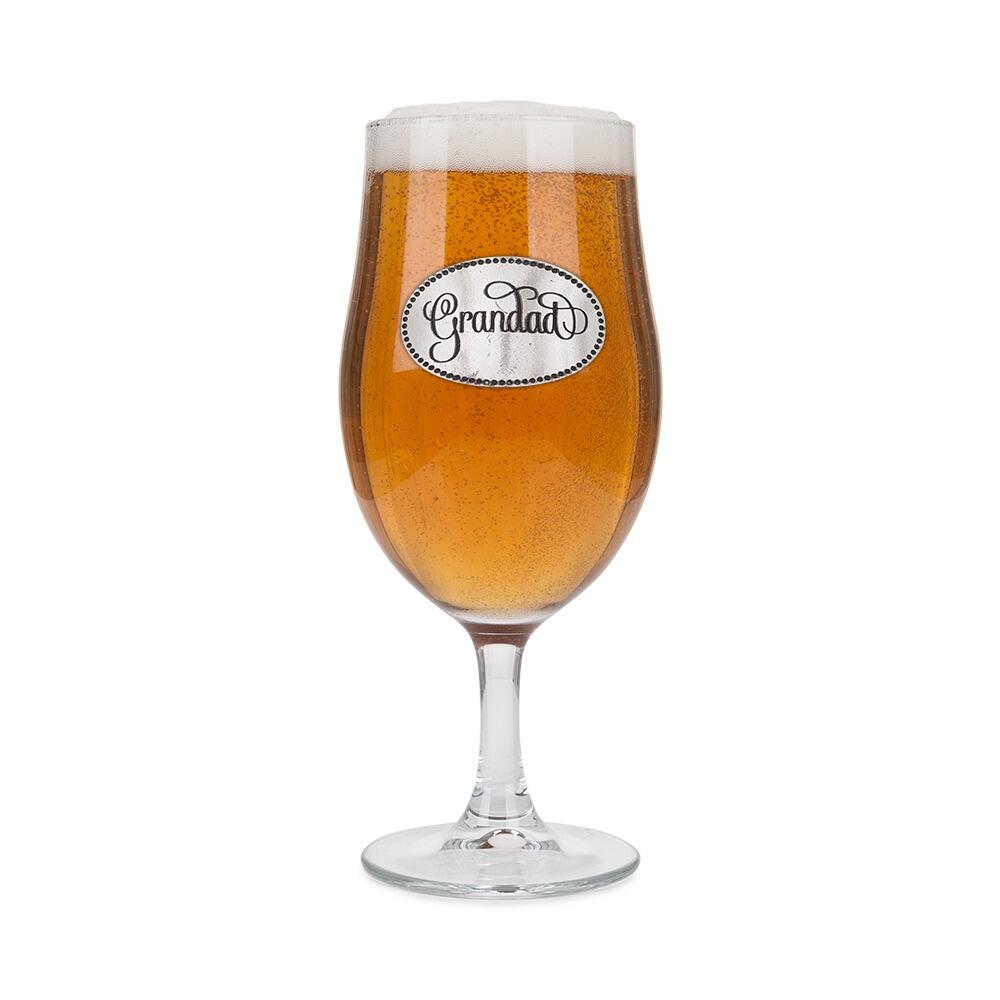 A Stemmed Pint Beer Glass with a Pewter Grandad badge on the front, filled with Beer