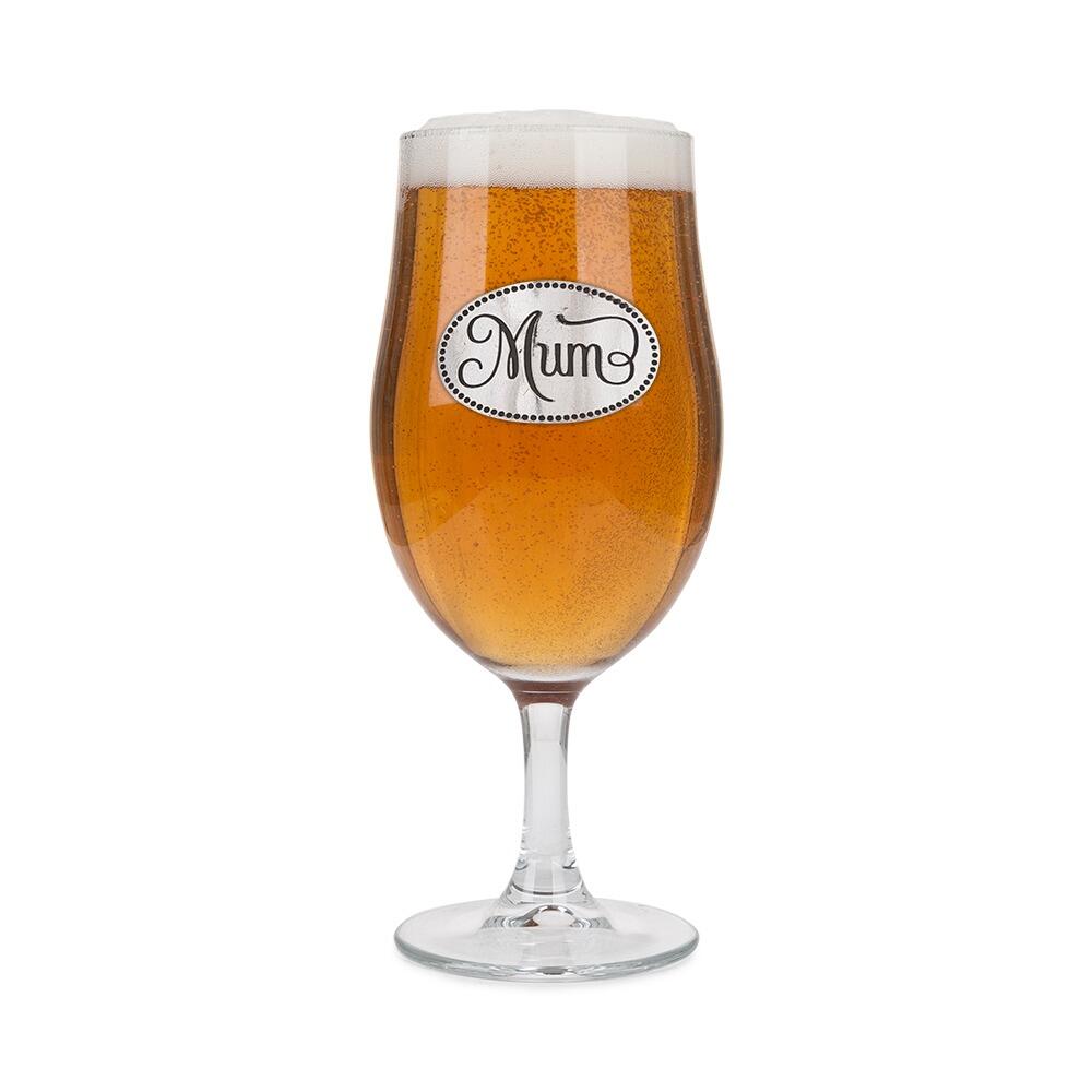 A Stemmed Pint Beer Glass with a Pewter Mum badge on the front, filled with Beer
