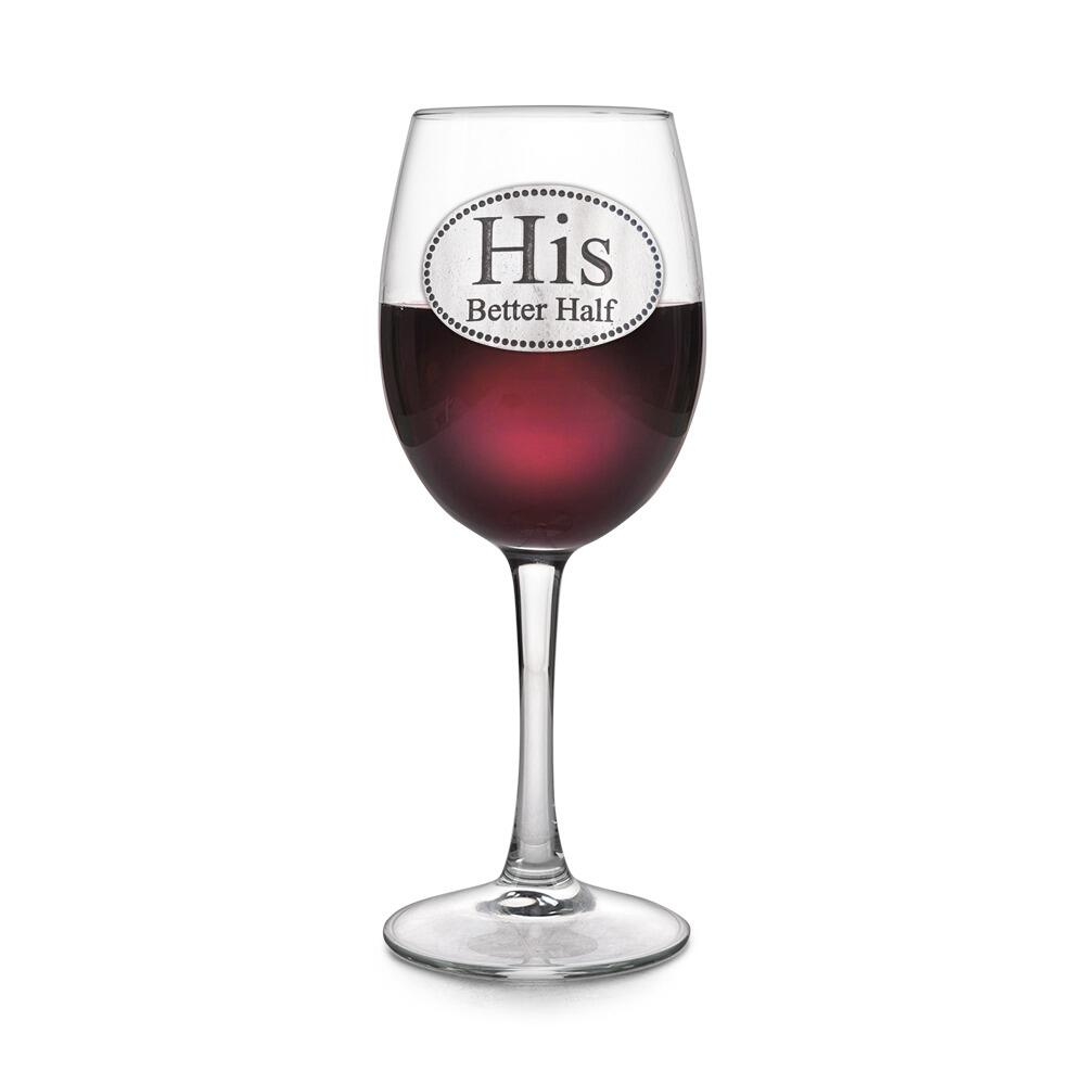 Wine glass with handmade pewter His Better Half badge filled with red wine