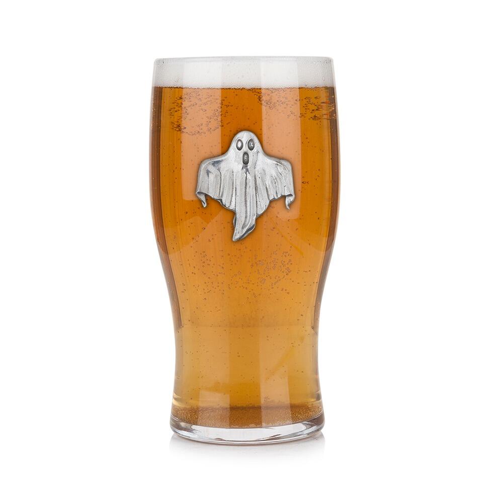 Pint glass with handmade pewter "Ghost" badge, filled with golden beer