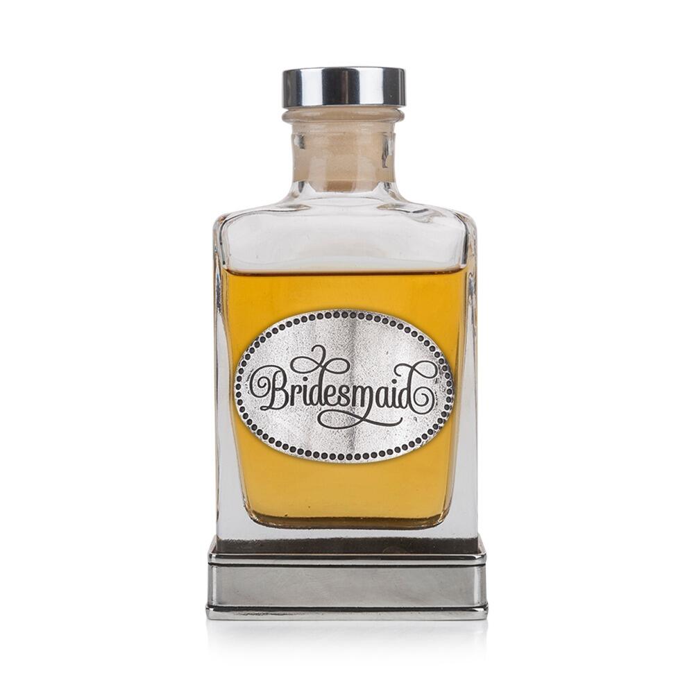 Handcrafted glass hip flask with pewter base featuring detailed bridesmaid emblem on front