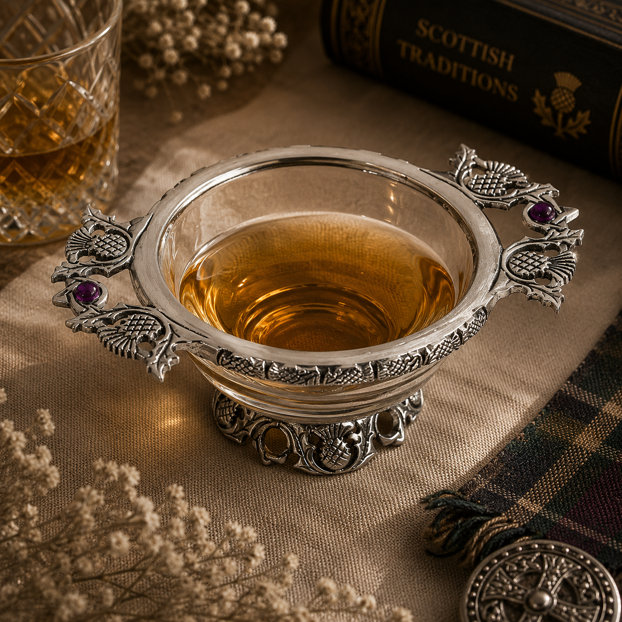 A Pewter and Glass Quaich Bowl with a Thistle Pattern