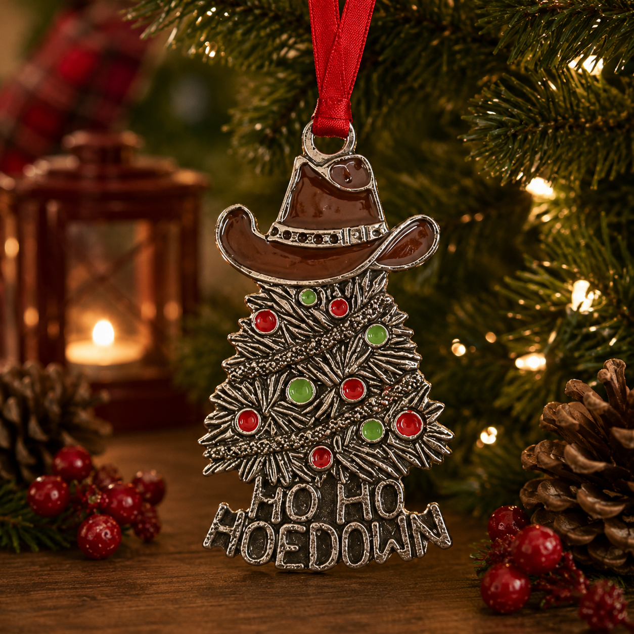 Handcrafted pewter Hoe Hoe Hoedown Christmas ornament featuring a cowboy hat atop a decorated Christmas tree with colourful festive lights, displayed on a Christmas tree with warm holiday lights and rustic seasonal decorations.
