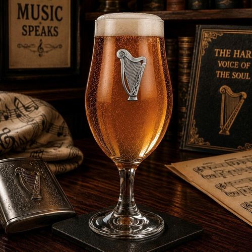 A stemmed beer chalice glass filled with bubbly golden ale and a frothy white head, featuring a raised pewter Irish harp emblem adorned with traditional pillar knotwork