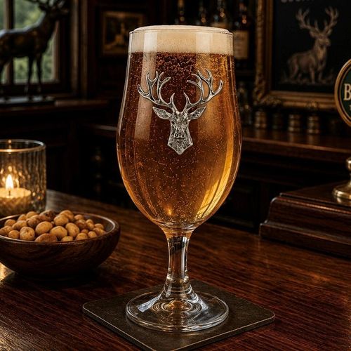 A stemmed beer chalice glass filled with golden ale and a frothy white head, featuring a raised pewter stag head emblem with detailed multi-pointed antlers