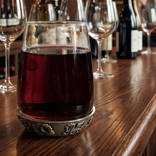 A curved glass drinks tumbler filled with rich red wine, featuring a heavy pewter base intricately detailed with an embossed Welsh dragon and daffodils