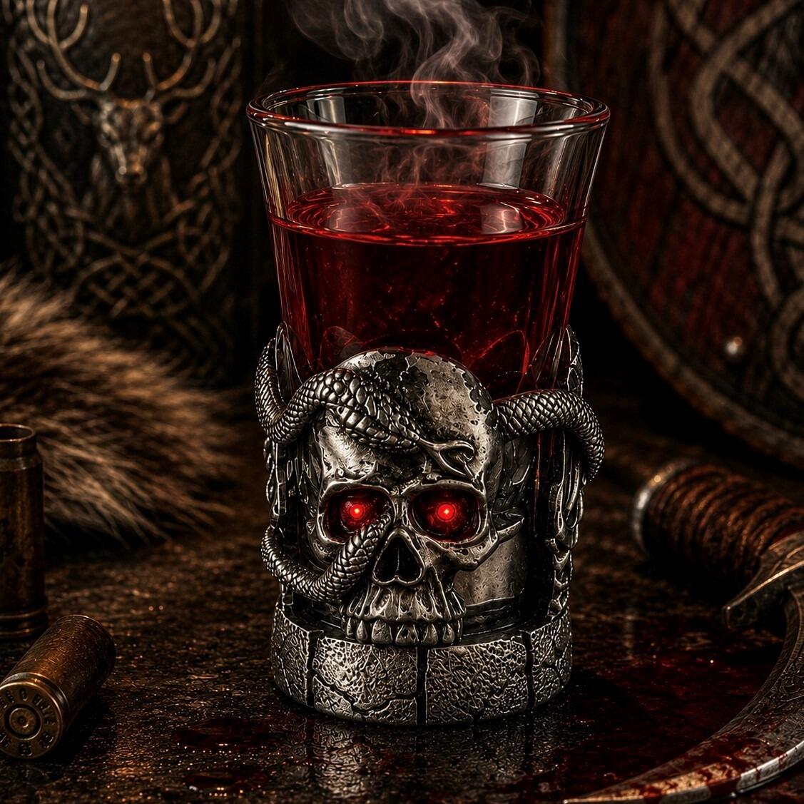 A tall glass shot glass filled with amber-coloured liquor, sitting on a dark, rustic counter. The lower half of the glass is encased in a detailed pewter metal holder featuring a sculpted, dark gothic design. A prominent human skull is centred on the front, resting on a stone-textured base, with a detailed, scaled snake winding through its right eye socket and wrapping around the brow