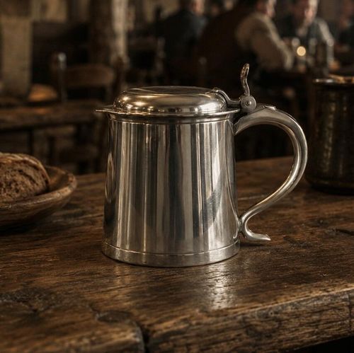 A heavy, traditional William and Mary style lidded pewter tankard with a polished metallic sheen and a slightly tapered body. The tankard features a smooth, domed lid attached to an ornate handle with a thumb piece mechanism for lifting