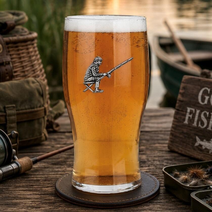 Pint glass with handmade pewter fishing badge, filled with golden beer