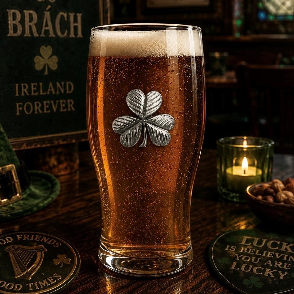 Pint glass with handmade pewter shamrock three-leaf clover with Celtic styling badge filled with golden beer