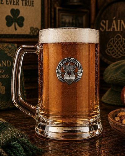 A Beer Tankard with a Pewter Claddagh badge on the front, filled with Amber Beer