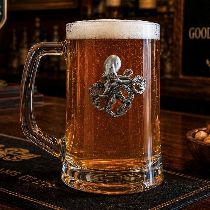 A Beer Tankard with a Pewter Octopus badge on the front, filled with Amber Beer