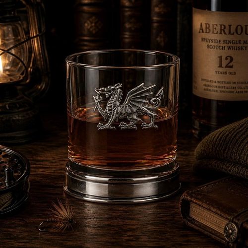 Whisky tumbler with pewter Welsh Dragon emblem and polished base, partially filled with amber liquid