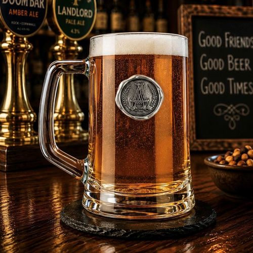 Glass beer tankard with a personalized pewter monogram letter A medallion, filled with ale on a pub bar counter