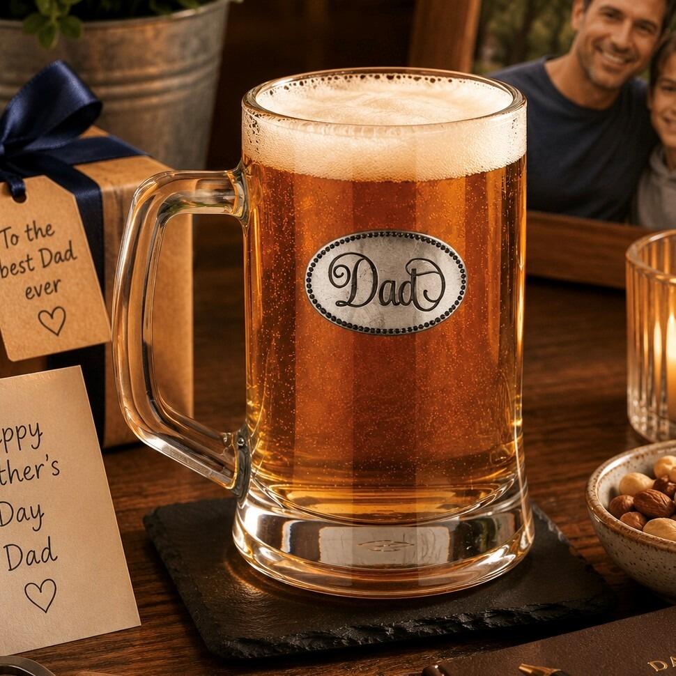 A Beer Tankard with a Pewter Dad badge on the front, filled with Amber Beer