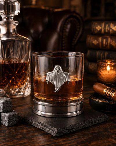 A Whisky Tumbler with a Pewter Ghost badge on the front