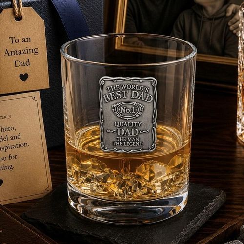 A Whisky Tumbler with a Pewter Label of Worlds Best Dad on the front