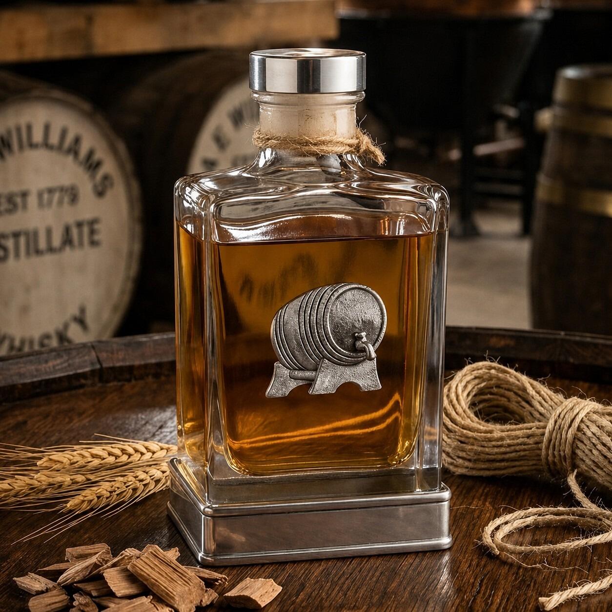 Handcrafted glass hip flask with pewter base featuring detailed barrel emblem on front