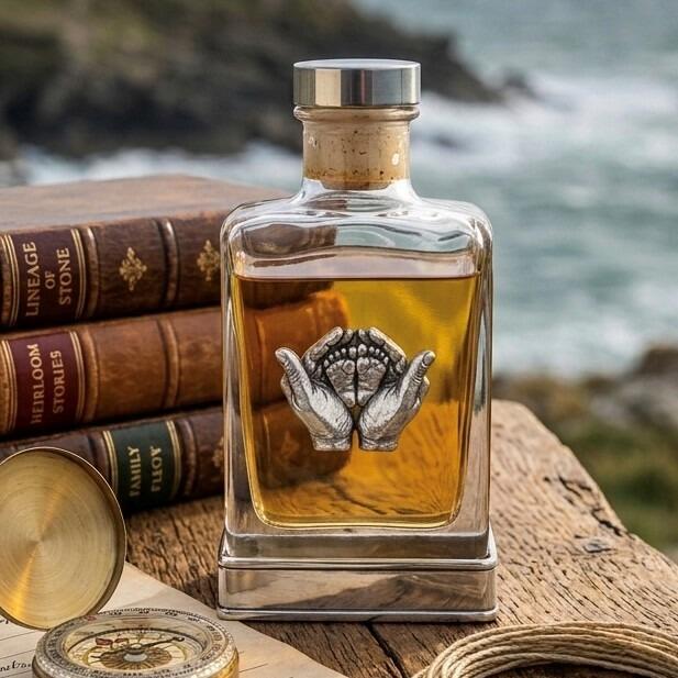 Handcrafted glass hip flask with pewter base featuring detailed hands and feet emblem on front