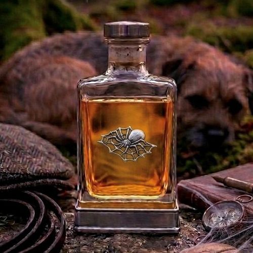 A glass flask with a pewter base and a handcrafted pewter spider emblem on the front