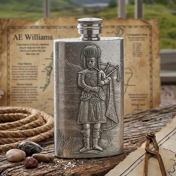 Pewter hip flask featuring a detailed embossed Scottish bagpiper in traditional kilt attire