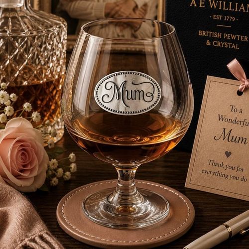 Elegant crystal brandy glass with pewter "Mum" badge, partially filled with amber liquid