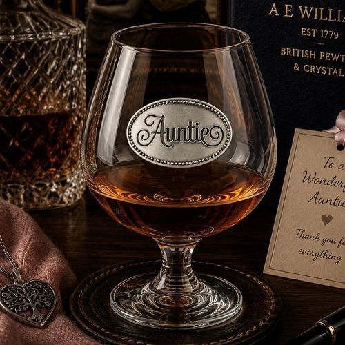 A Brandy Glass with a Pewter label that says Auntie