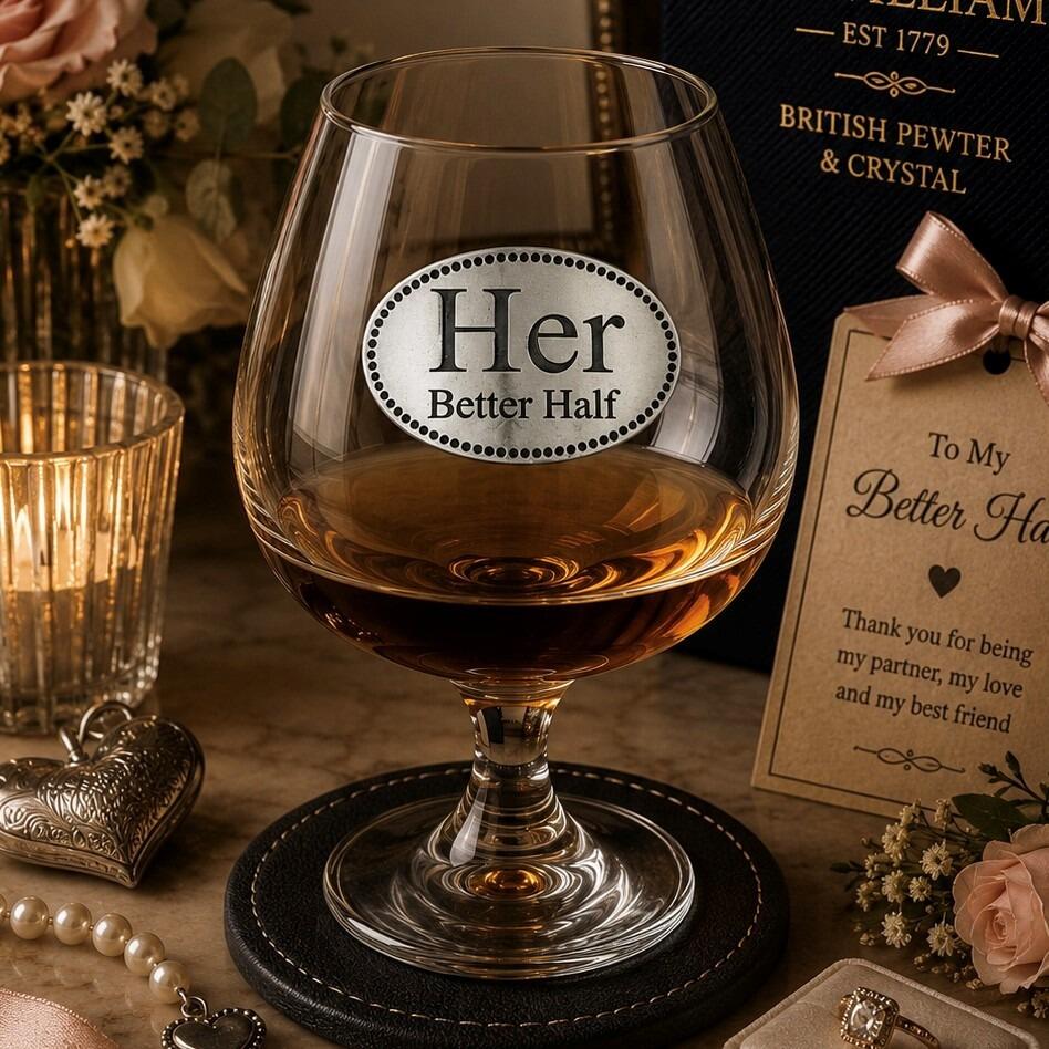 Crystal brandy glass with pewter "Her Better Half" emblem, partially filled with amber liquid
