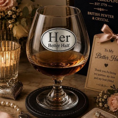 Crystal brandy glass with pewter "Her Better Half" emblem, partially filled with amber liquid