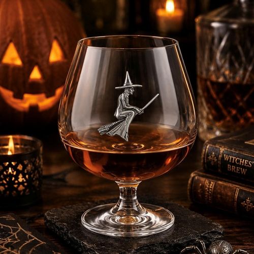 Crystal brandy glass with pewter witch emblem, partially filled with amber liquid