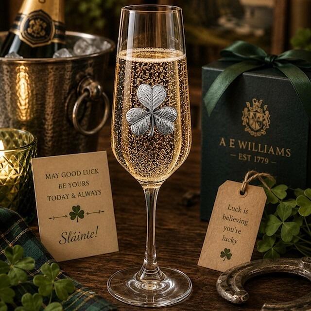 A Champagne Flute with a Pewter Shamrock badge on the front, filled with Champagne