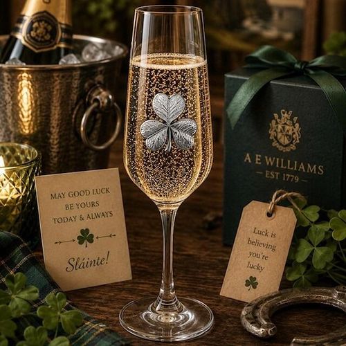 A Champagne Flute with a Pewter Shamrock badge on the front, filled with Champagne