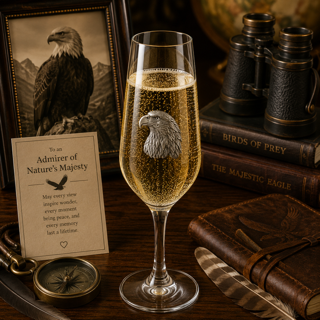 A Champagne Flute with a Pewter Eagle badge on the front, filled with Champagne