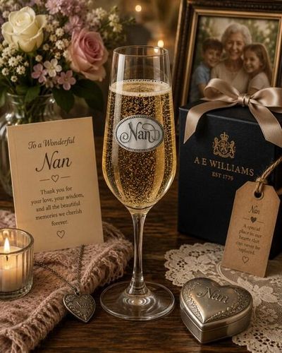 A Champagne Flute with a Pewter Nan badge on the front, filled with Champagne