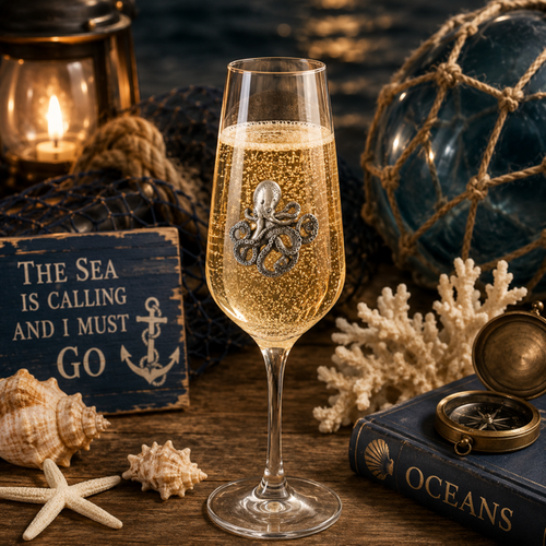 A Champagne Flute with a Pewter Octopus badge on the front, filled with Champagne