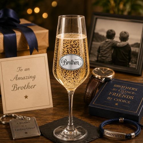A Champagne Flute with a Pewter Brother badge on the front, filled with Champagne