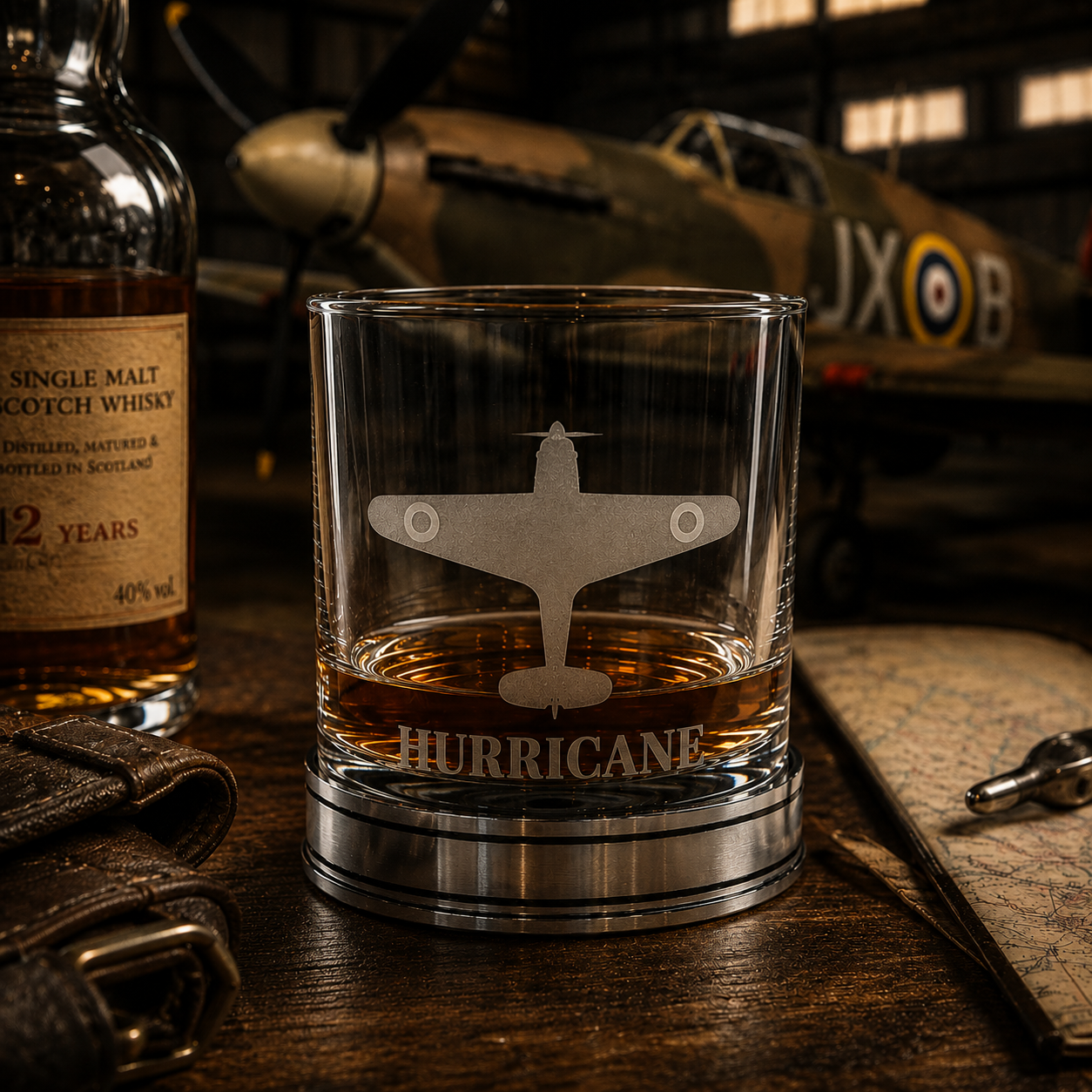 Handcrafted pewter Hawker Hurricane whisky tumbler with engraved Battle of Britain fighter aircraft design, filled with whisky on a polished pewter base in a vintage RAF hangar lifestyle setting, luxury British made aviation whisky glass gift
