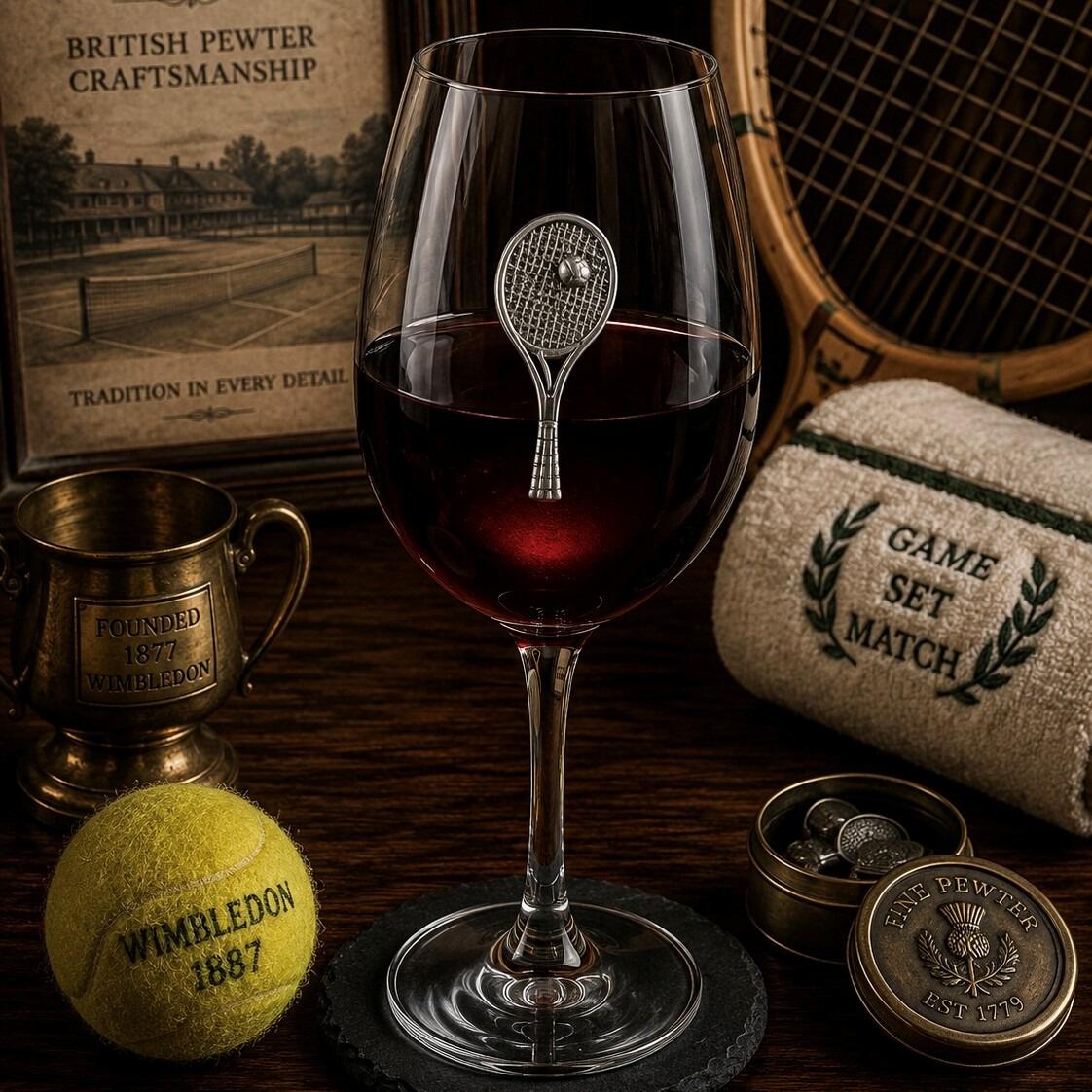 Wine glass with handmade pewter tennis badge filled with red wine
