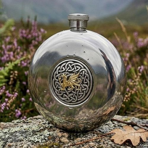 Polished round pewter hip flask featuring a central two-tone medallion with a gold-colored dragon over a pewter Celtic knotwork design, displayed outdoors on a lichen-covered rock with purple heather