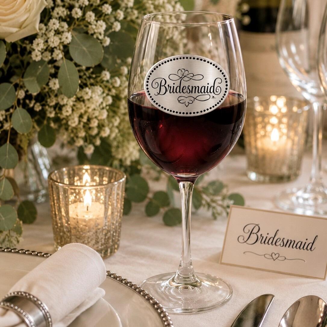 Wine glass with handcrafted pewter Bridesmaid badge filled with red wine