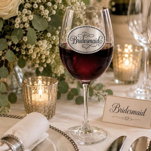 Wine glass with handcrafted pewter Bridesmaid badge filled with red wine