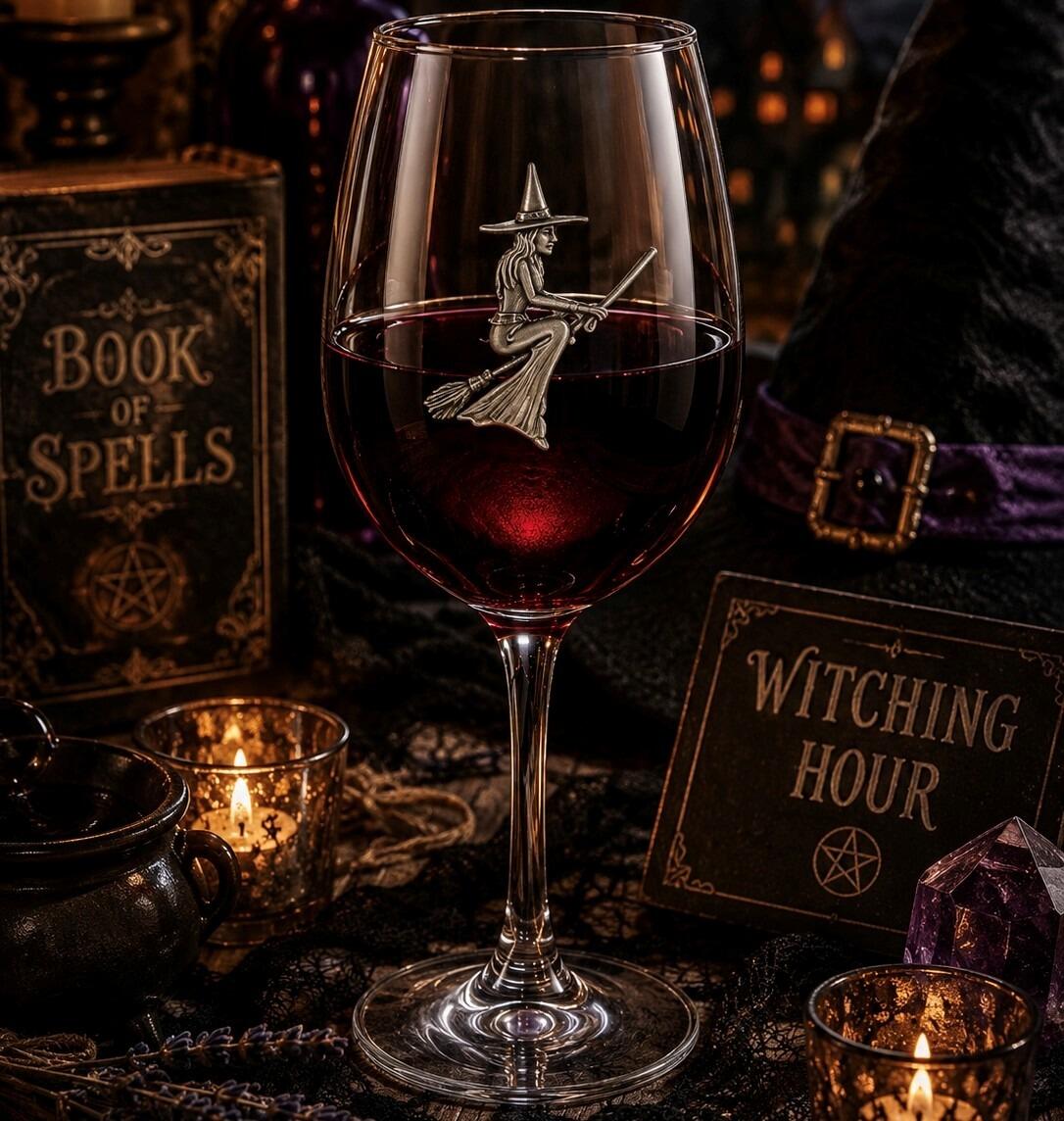 Wine glass with handmade pewter witch badge filled with red wine