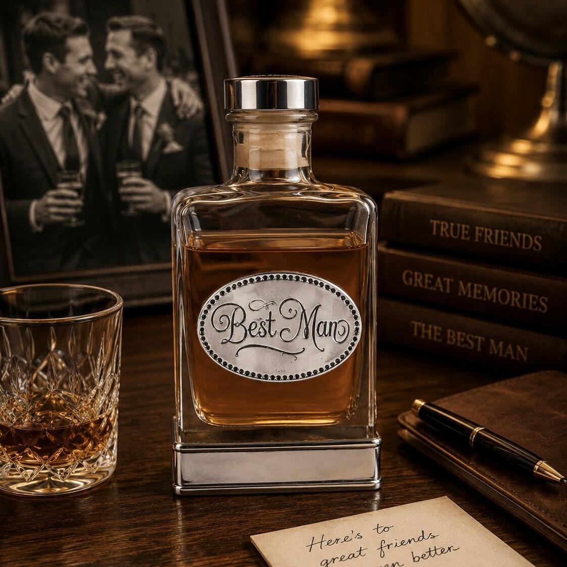 Handcrafted glass hip flask with pewter base featuring detailed best man emblem on front