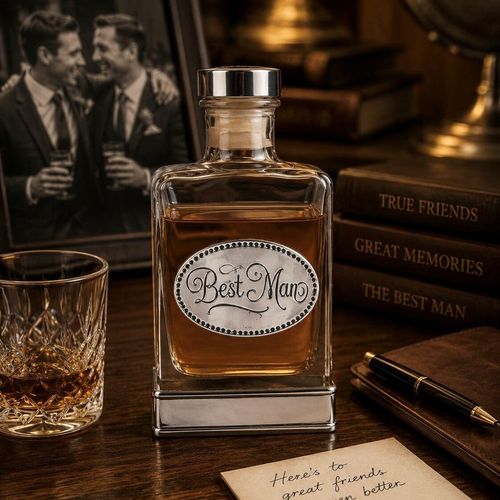 Handcrafted glass hip flask with pewter base featuring detailed best man emblem on front