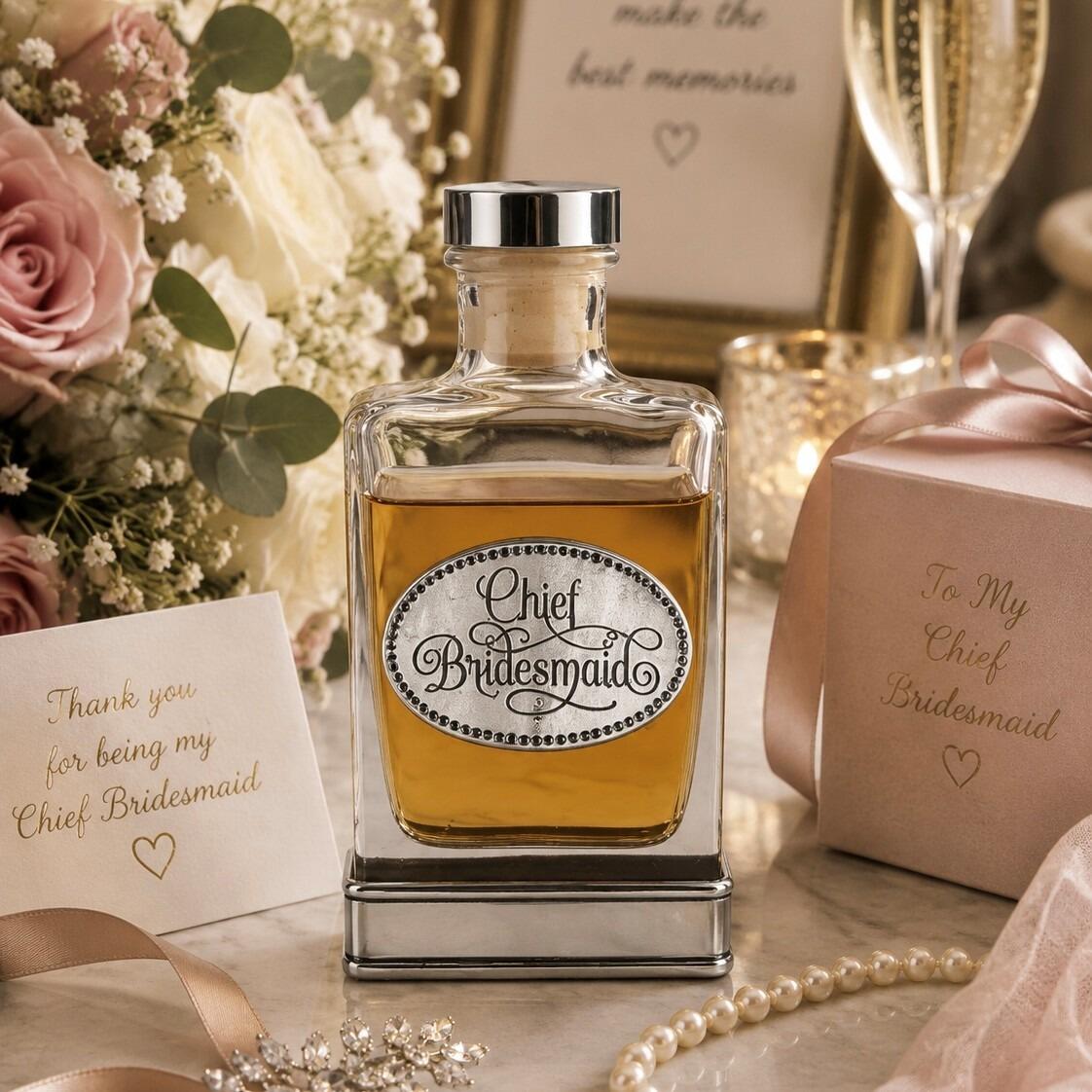 Handcrafted glass hip flask with pewter base featuring detailed chief bridesmaid emblem on front
