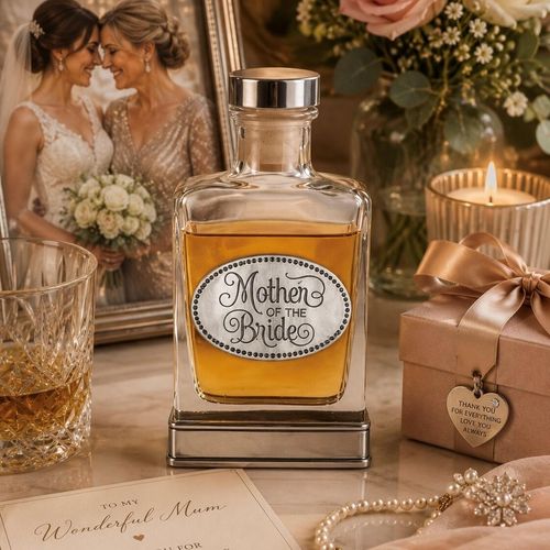 A glass flask with a pewter base and a handcrafted pewter “Mother of the Bride” emblem on the front