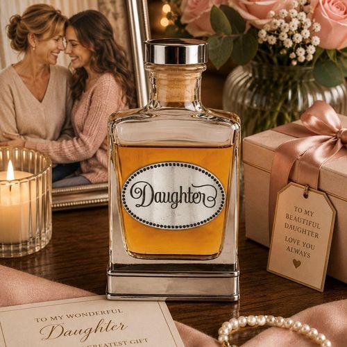 Handcrafted glass hip flask with pewter base featuring detailed daughter emblem on front