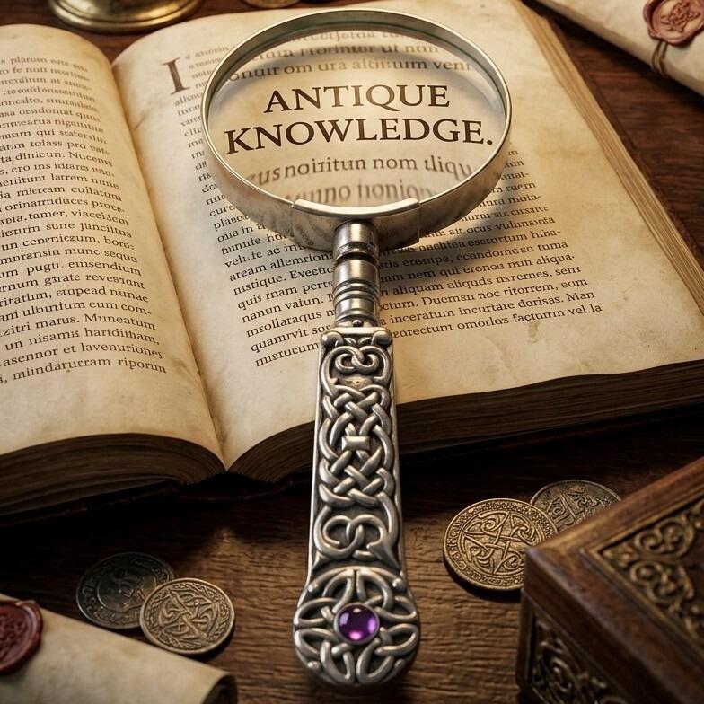 Pewter magnifying glass with an intricate Celtic knotwork handle and purple stone embellishment, magnifying the text 'ANTIQUE KNOWLEDGE' in an open vintage book